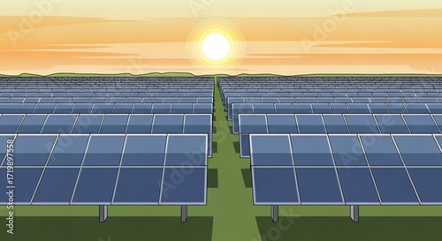 Scenic view of a solar panel farm at sunset, showcasing renewable energy, sustainability, and environmental conservation efforts in a landscape