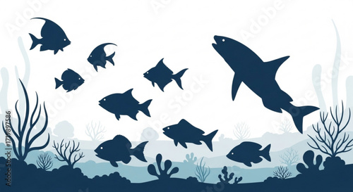 A silhouette illustration depicts a shark swimming among a school of fish in an underwater scene, with coral and seaweed adding to the marine environment