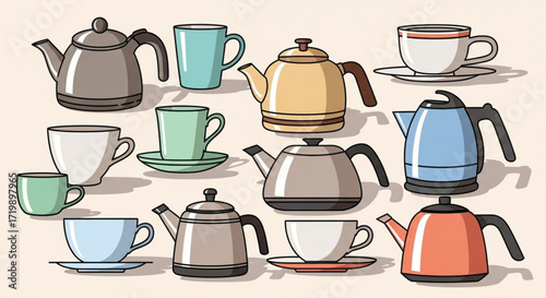 A delightful collection of teapots and cups, showcasing various shapes, sizes, and colors, perfect for tea lovers and kitchenware enthusiasts