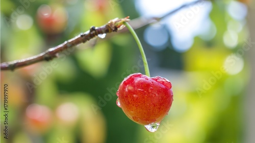 A close-up of a ripe cherry with water droplets, vibrant red against a softly blurred background.
