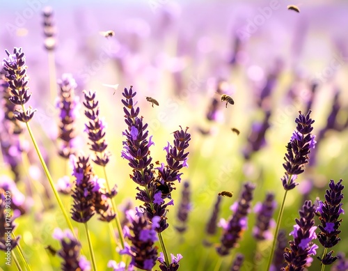 Lavender field bathed in golden sunlight. Bees flit among the purple blossoms