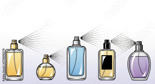 Illustration of various perfume bottles spraying fragrance, showcasing different shapes, colors, and designs in a clean and modern style