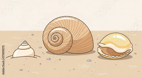 Three seashells of different shapes and sizes are arranged on a sandy surface, creating a simple and elegant composition