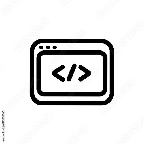 A simple black and white icon of a code window with angle brackets representing programming or development