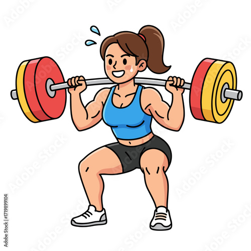Strong woman doing squats with a barbell weightlifting exercise.