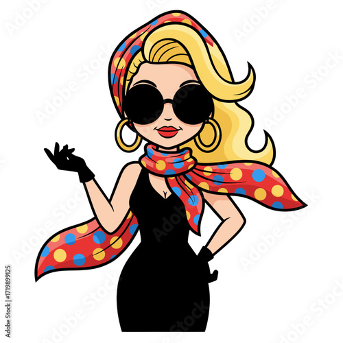 Stylish cartoon woman with blonde hair and sunglasses wearing a black dress and colorful scarves.