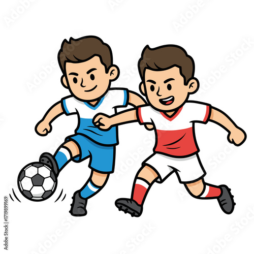 Two cheerful cartoon boys playing soccer dribbling the ball.