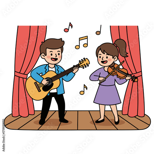 Two young children performing music, a boy playing guitar and a girl playing violin.