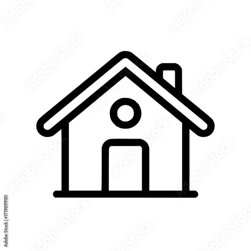 Simple house icon with a chimney and a round window in the roof in black outline on a white background