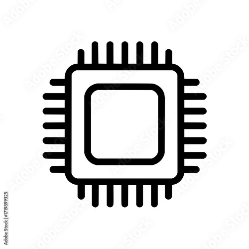 Illustration of a black and white computer chip with pins extending from all four sides and a square center