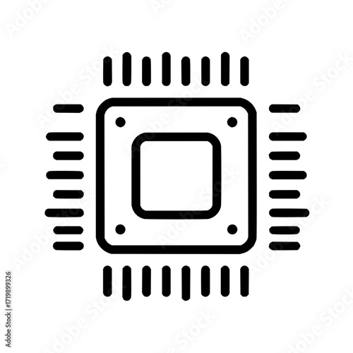 Illustration of a black outline computer chip with horizontal lines and square center on a white background