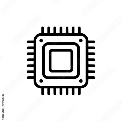 A simple black and white line drawing of a computer chip with multiple pins and square design elements