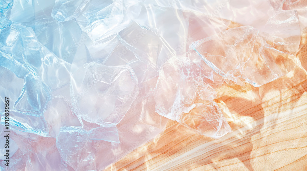 Fototapeta premium Abstract composition of crumpled translucent plastic film showcasing cool blue to warm orange gradient, illuminated by gentle sunlight patterns on natural wooden surface.
