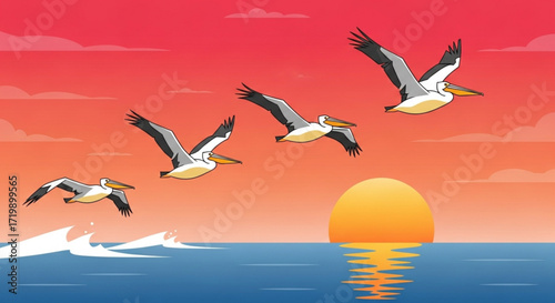 A flock of pelicans are flying over the ocean at sunset, with the sun reflecting on the water, creating a beautiful and serene scene in nature