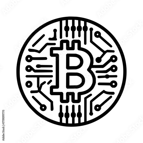Bitcoin symbol inside a coin with circuit board design in black and white line art illustration style