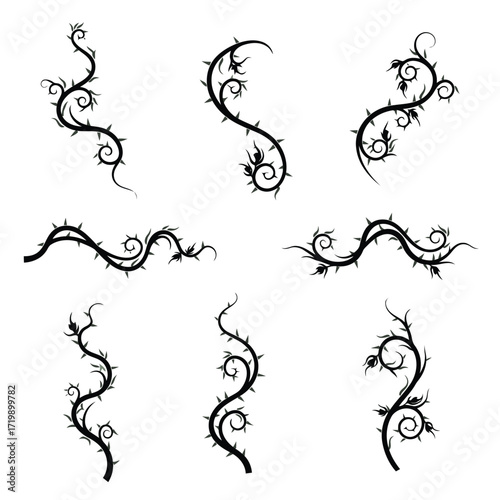 Vector art of stylized thorny vine branches with leaves