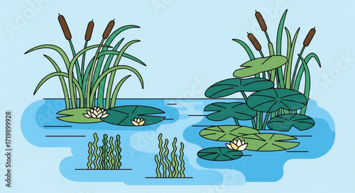A serene vector illustration of a pond with lily pads, cattails, and aquatic plants, creating a tranquil and natural scene, perfect for naturethemed designs