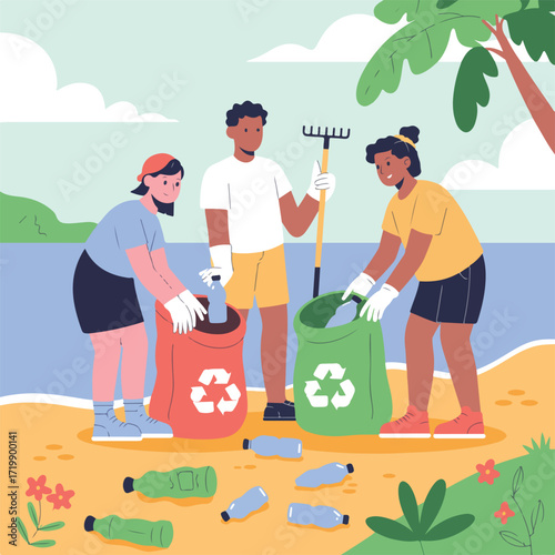 Volunteers cleaning beach from plastic waste and collecting garbage together