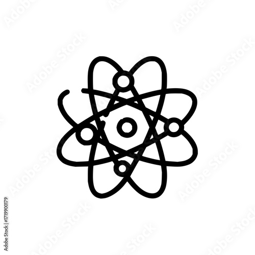 Illustration of a black atom symbol with orbiting electrons on a white background in a simple line drawing