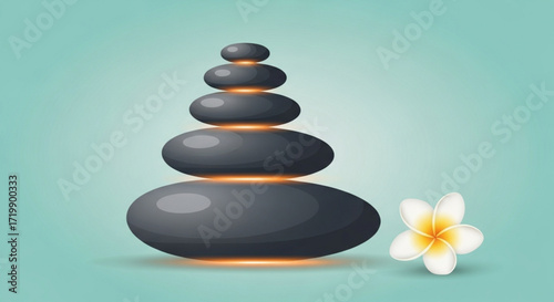 A serene illustration featuring a stack of smooth, balanced stones with a delicate frangipani flower, evoking a sense of calm and harmony in a spa setting