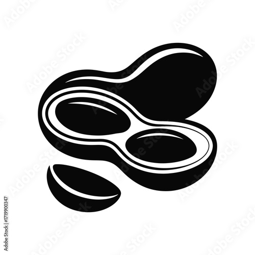 Stylized black and white illustration of a peanut split open revealing its kernels and a single kernel