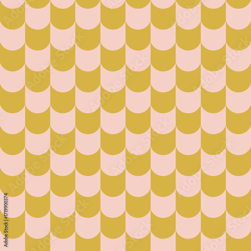 Seamless pattern of pink and mustard scale shapes. Vector geometric background.