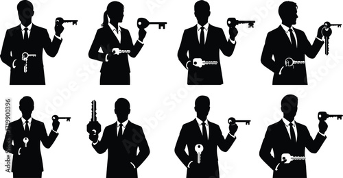 Business professional silhouette, key holder, leadership concept, opportunity access, career growth, empowerment symbol, formal attire, black illustration,