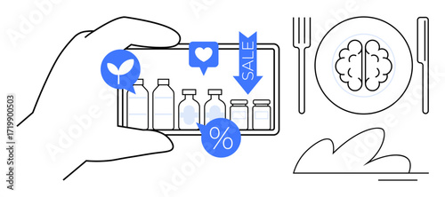 Hand holds a phone displaying supplement bottles, sales, and eco-friendly icons beside a brain on a plate with cutlery. Ideal for nutrition, mindful eating, wellness, e-commerce, supplements, healthy