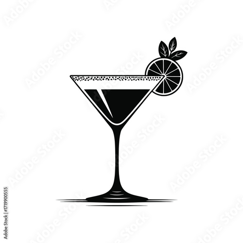 Elegant black and white illustration of a martini cocktail with a lime garnish on a white background