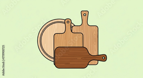 A set of wooden cutting boards in various shapes and sizes, including round and rectangular boards, arranged in a visually appealing composition