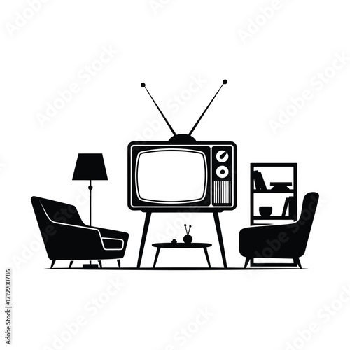 Retro living room scene with vintage television set armchairs and a bookshelf