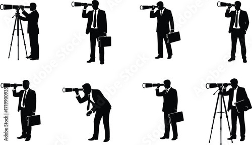 Businessman silhouette, telescope, vision, strategy, future planning, opportunity search, leadership, foresight, direction, exploration, briefcase, corporate,