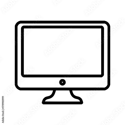 Outline drawing of a computer monitor with a stand and a power button in black and white style
