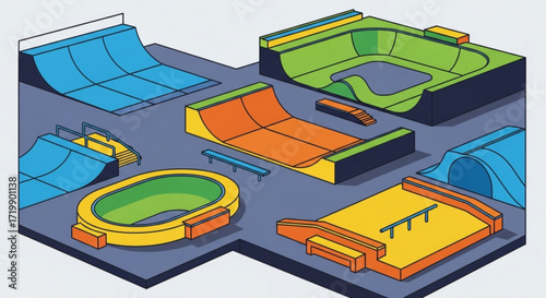 An isometric illustration of a skate park featuring various ramps, bowls, and rails in vibrant colors, creating a dynamic and playful scene for skateboarding enthusiasts
