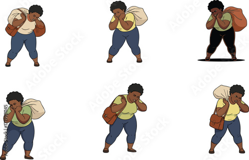 Character design illustration, walking pose, expressive stance, outfit variation, storytelling figure, animation asset, casual style, bag carrier, vector art