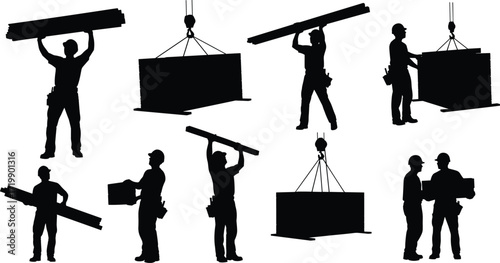 Construction worker silhouettes, industrial teamwork, crane operation, heavy lifting, safety gear, hard hat labor, building site, material handling, black illustration