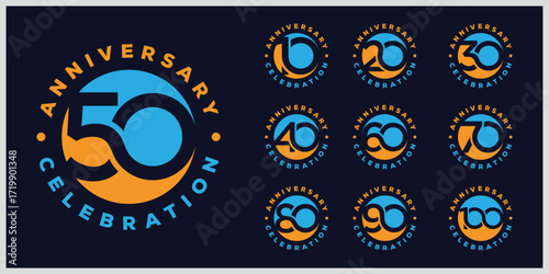 Collection of anniversary circle round logo design. Celebration day special vector icon, creative number 10 to 100 symbol graphics