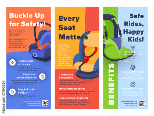 Flyer templates explaining the important benefits of child car seats, focusing on safety, comfort, and crash protection for children during car travel.