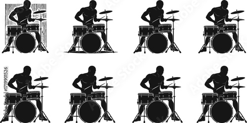 Drummer silhouette illustration, drum set action, music performance, rhythmic motion, black figure, percussion pose, concert energy, dynamic musician, vector art