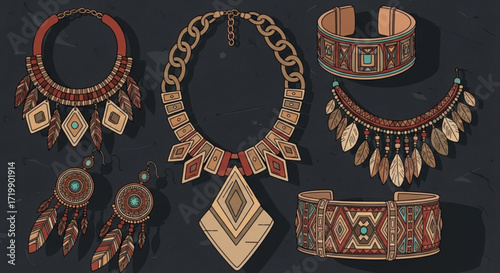 A collection of bohemianstyle jewelry, including necklaces, earrings, and bracelets, showcasing tribal and ethnic designs, isolated on dark background