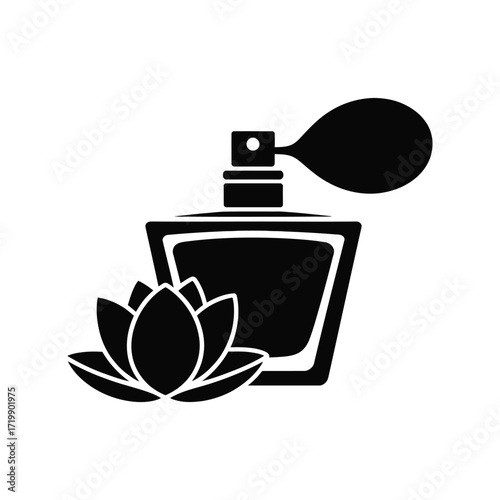 Elegant black silhouette of a perfume bottle with a lotus flower symbolizing natural fragrance