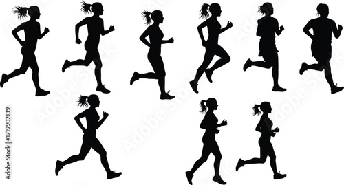 Running silhouette sequence, athletic motion, female runner, stride cycle, sports biomechanics, ponytail woman, fitness training, dynamic movement,