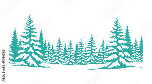 Seamless Horizontal Background for Christmas Holiday, featuring a Winter Landscape with Fir Trees covered in Snow, Black Silhouettes set against a White Background. Vector