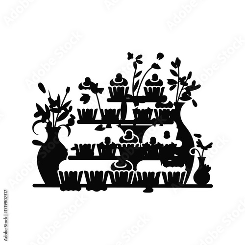 Elegant silhouette of a dessert table display with vases and floral accents