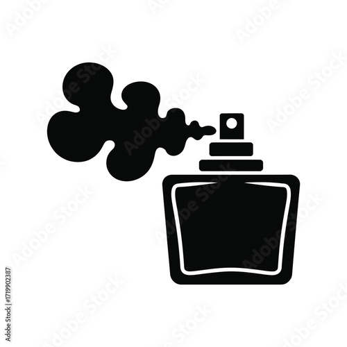 Simple black silhouette icon of a perfume bottle spraying fragrance on a white background