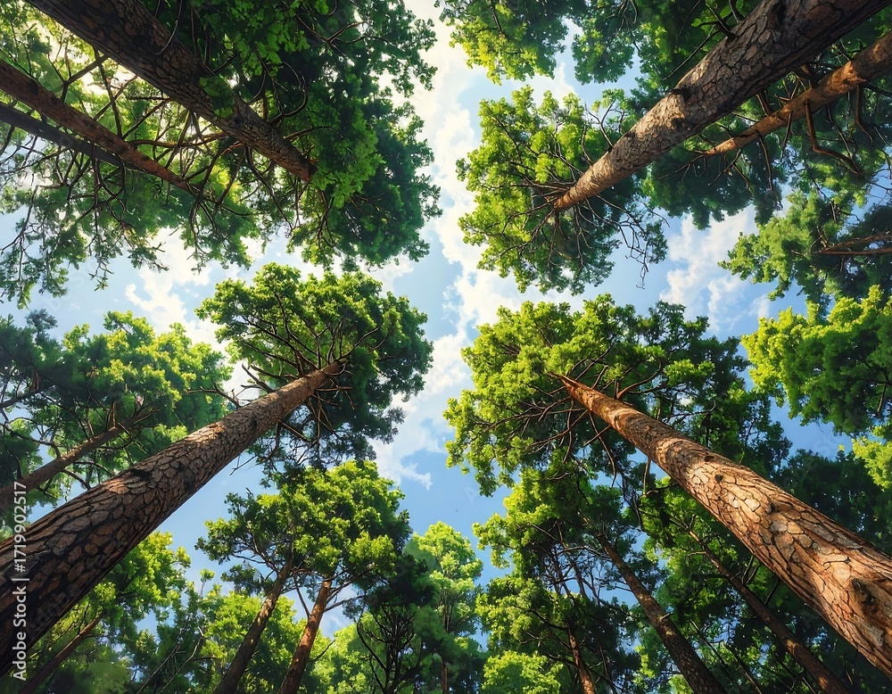 Fototapeta premium Looking up through the tall trees A serene view of a vibrant forest canopy with a blue sky