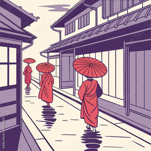 Three Japanese pilgrims are holding red umbrellas, walking down a narrow traditional street, buildings Adobe Illustrator Artwork