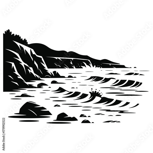 Dramatic black and white illustration of rugged coastal cliffs meeting the ocean waves