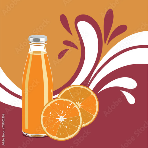 A bottle of orange juice alongside two halves of an orange with a vector background Adobe Illustrator Artwork