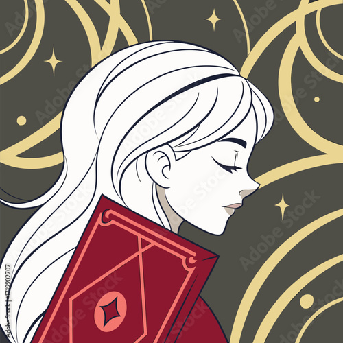 A young woman and a decorative oracle card creative vector background. Adobe Illustrator Artwork